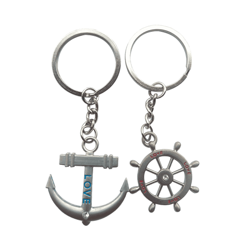 4EVER Romantic Stainless Alloy Metal Silver Nautical Steering Wheel Anchor & Love Boat Rudder Helm Couple Keychain